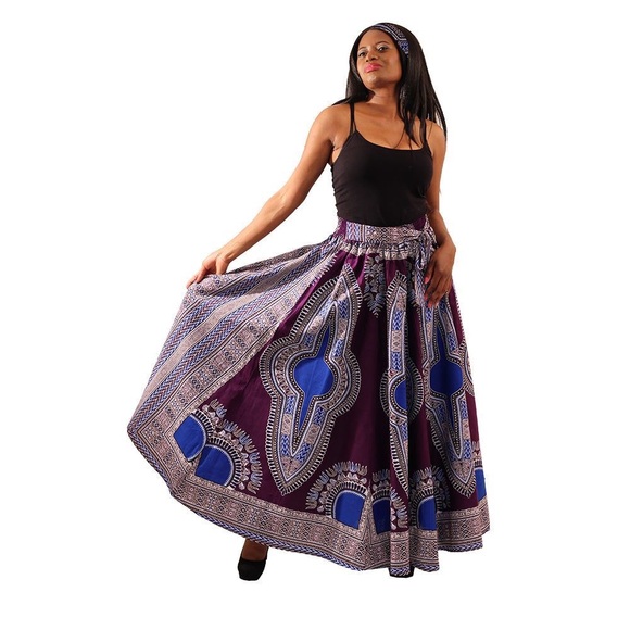 NWOT Purple & Blue Traditional Print Maxi Skirt and Headwrap, OS/L - Picture 1 of 10